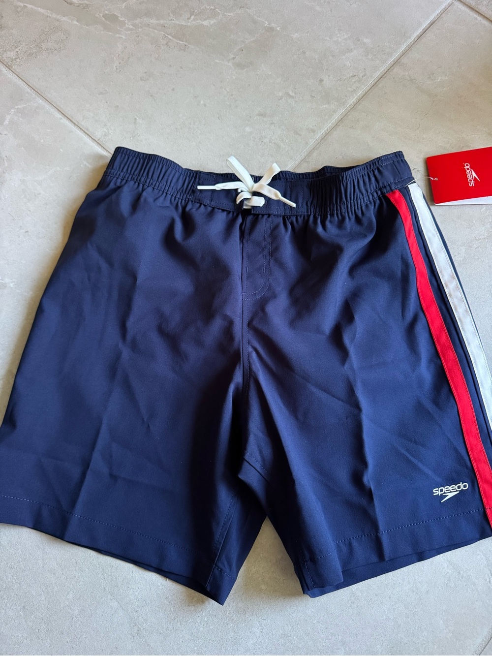 Speedo Navy Swim Shorts with Red and White Side Stripes